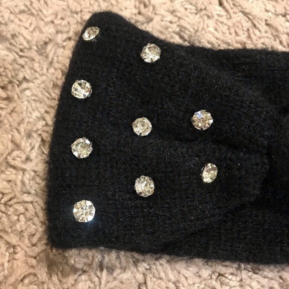 NEW Designer Bow Rhinestone Crystal Knit Soft Hair Band Headband Ear Muff Black - Picture 2 of 3